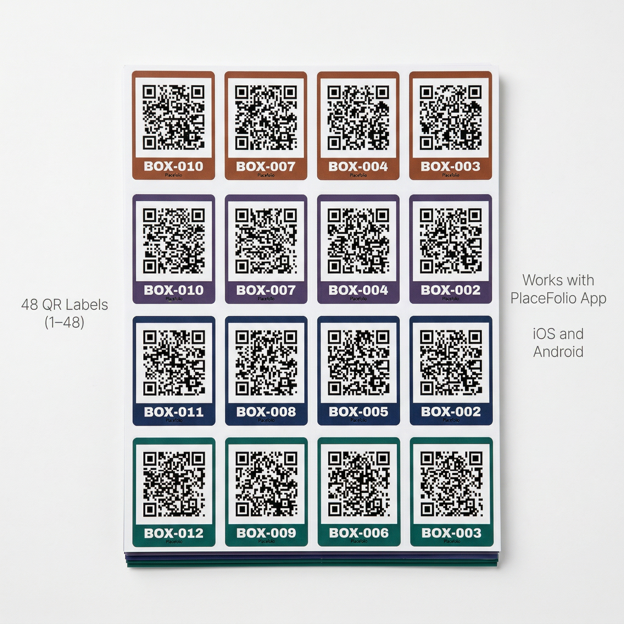 PlaceFolio QR label sheets with multiple color styles for iOS and Android compatibility